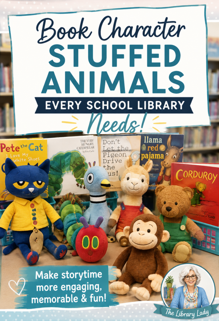 Book Character Stuffed Animals Every School Library Needs with images of books and stuffed animals.