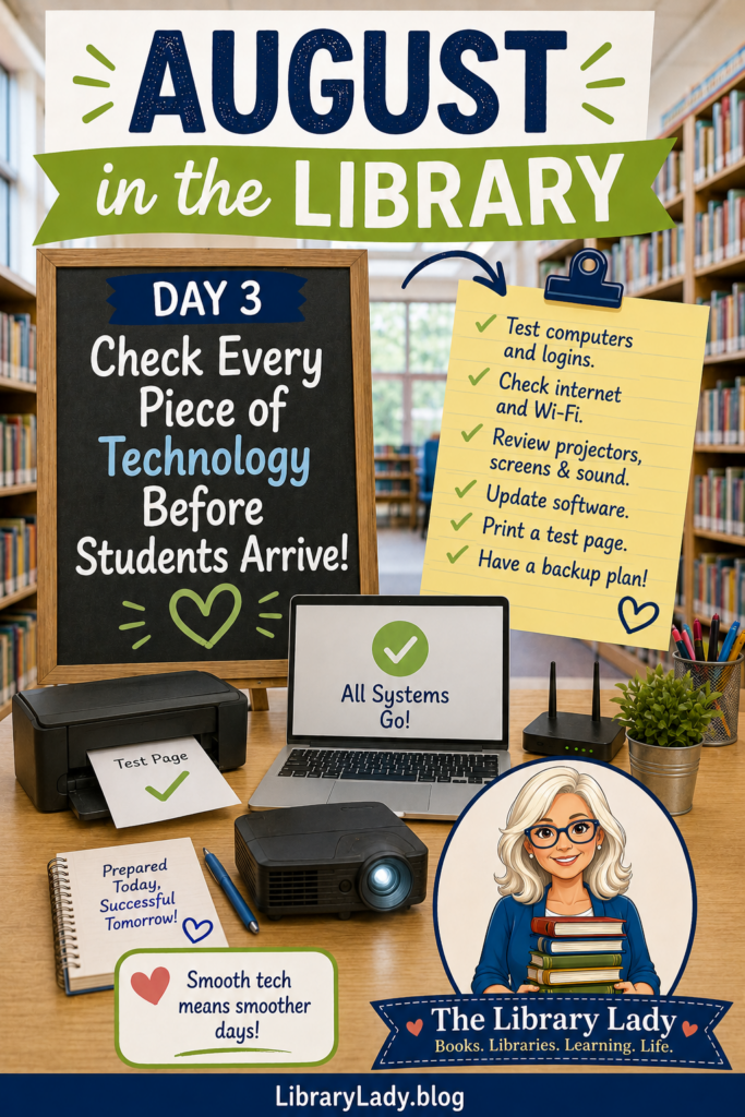 August in the Library - Day 3 - check every piece of technology beofre students arrive